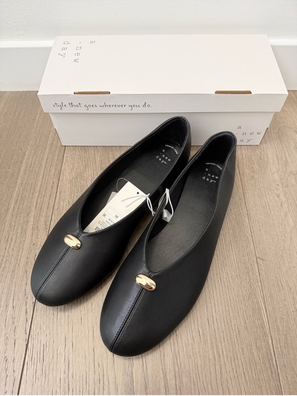 NWT A New Day Charlie Black Faux Leather Flats Memory Foam Insoles Gold Accents